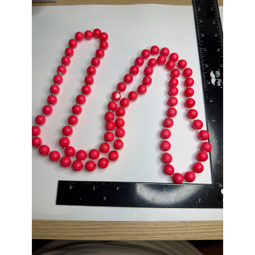 Long Hot Pink Beaded Knotted Necklace Continuous Strand 50 Inch Statement